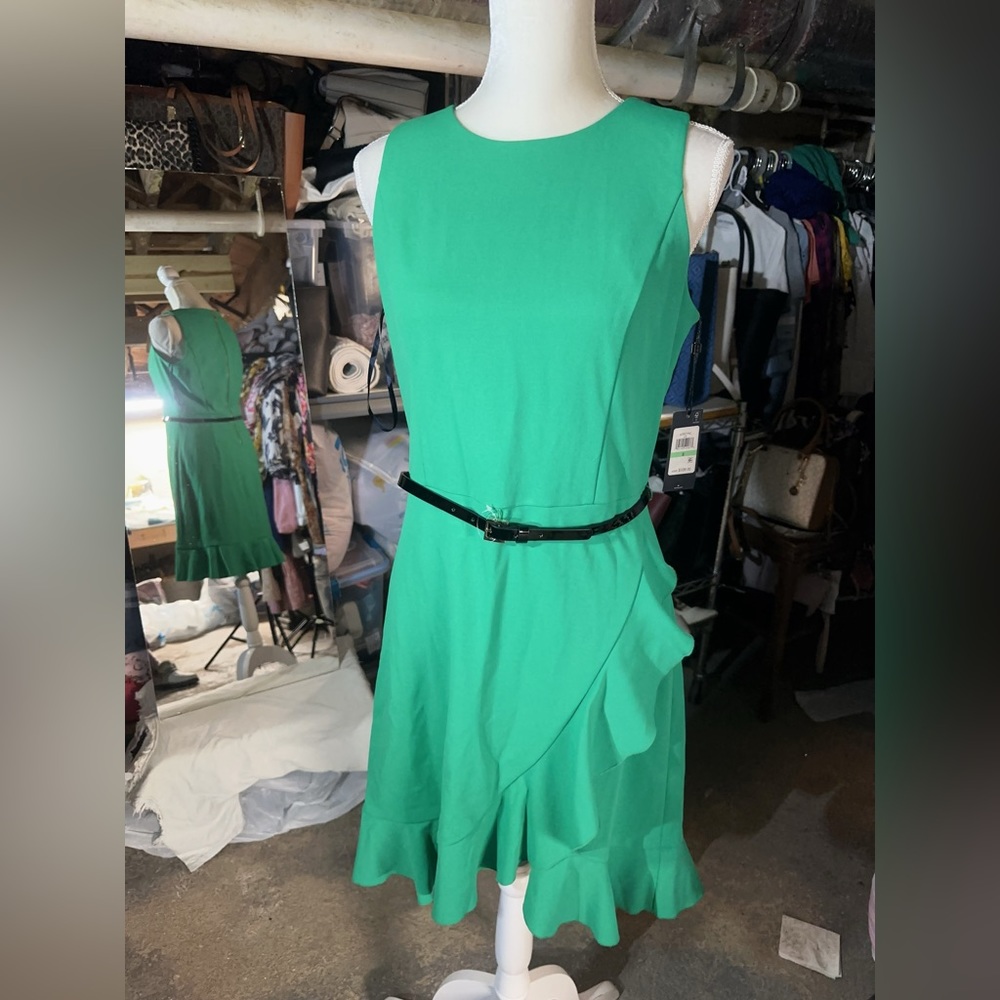 Tommy Hilfiger solid green sheath dress black belt sleeveless knee length $109